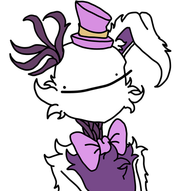 A white and purple rabbit with tentacles and a pink hat and bowtie with a poorly drawn face that smiles